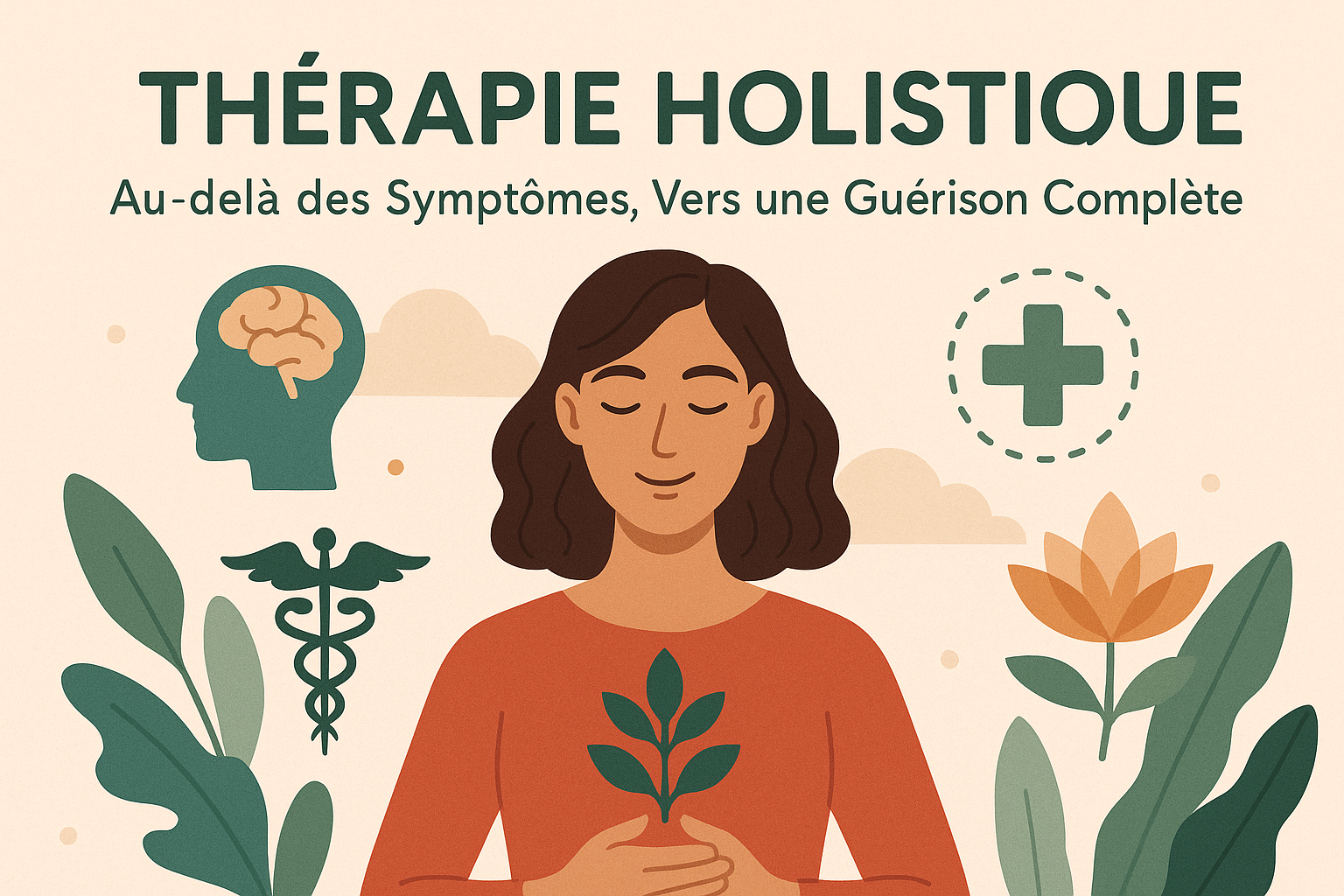 Illustration sur la thérapie holistique avec femme méditative, symbole médical, fleur et nature