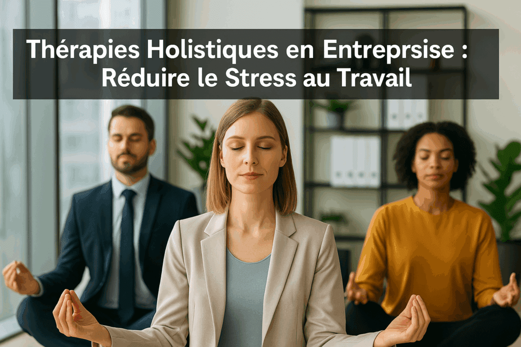 Thérapies Holistiques en Entreprise : Réduire le Stress au Travail 4 Thérapies Holistiques en Entreprise : Trois salariés pratiquent la méditation et la respiration consciente en entreprise pour réduire le stress