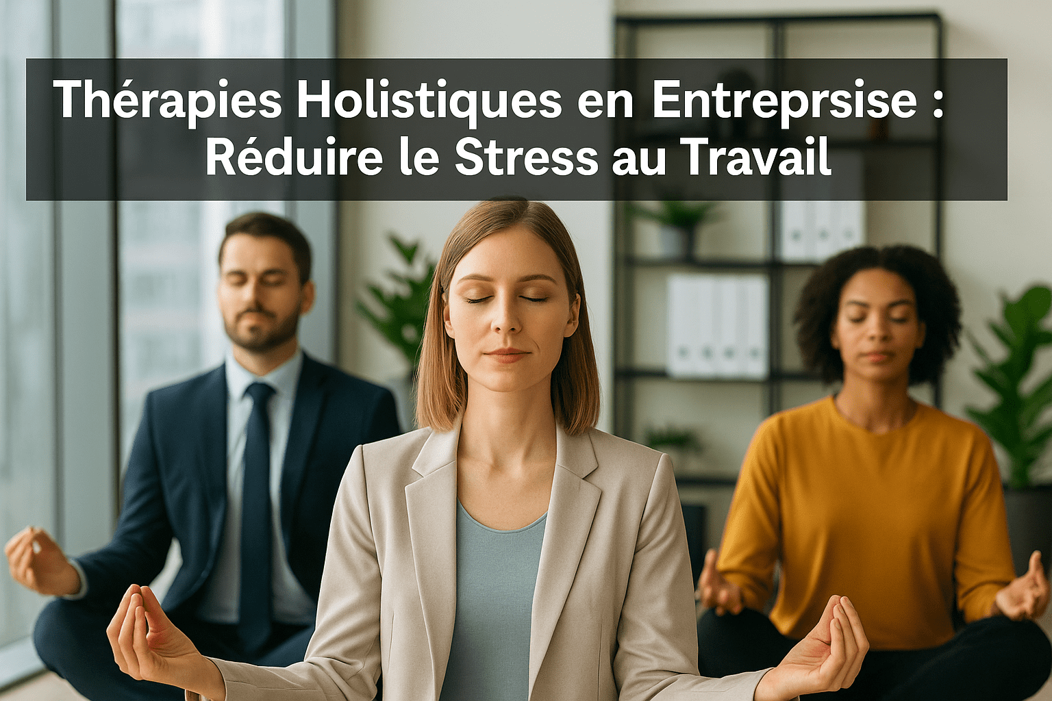 Thérapies Holistiques en Entreprise : Trois salariés pratiquent la méditation et la respiration consciente en entreprise pour réduire le stress