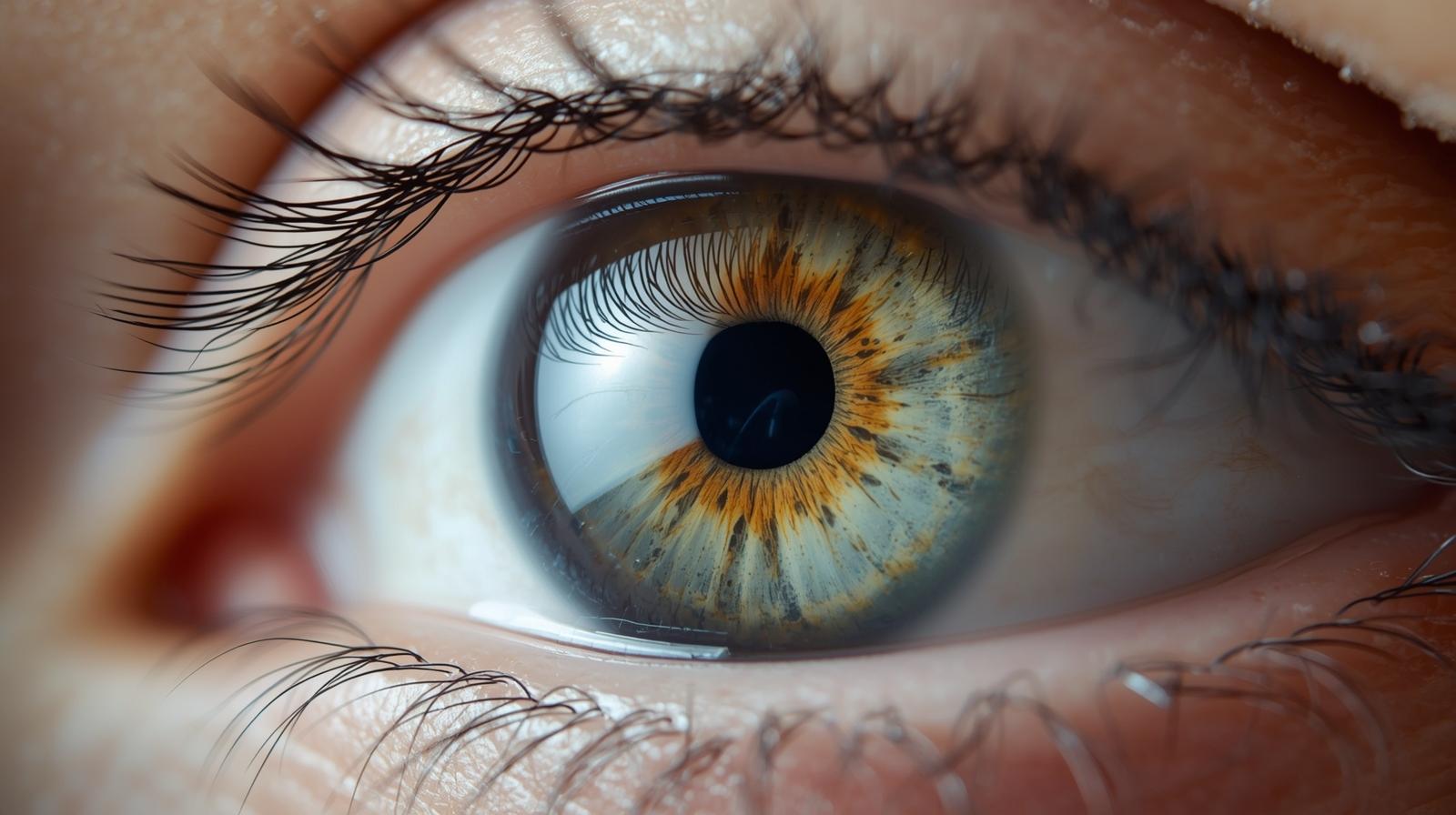 Gros plan détaillé sur un iris humain illustrant l'analyse des signes et des fibres pour un bilan iridologique.