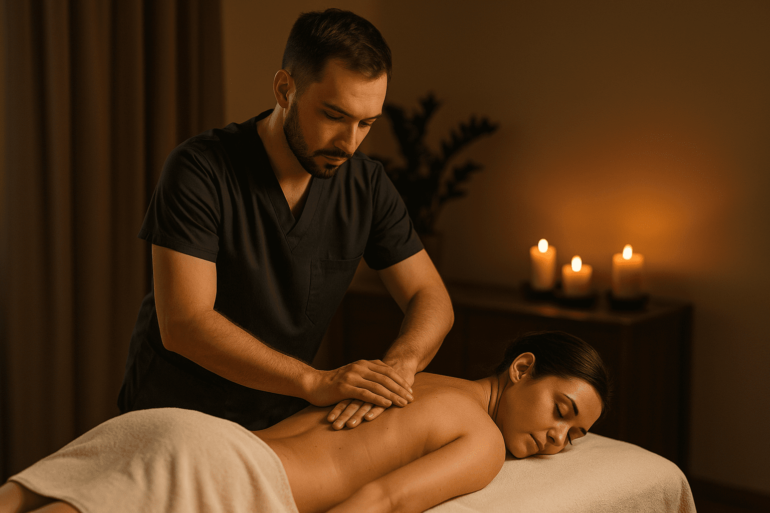 Praticien en massage travaillant dans un cadre relaxant