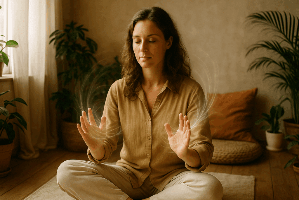Femme en Expérimentation pratiquant une thérapie énergétique dans un espace lumineux et apaisant, symbolisant l’apprentissage expérientiel en thérapies holistiques.