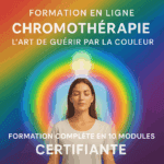 Formation Chromothérapie Femme méditant entourée de faisceaux de lumière colorée