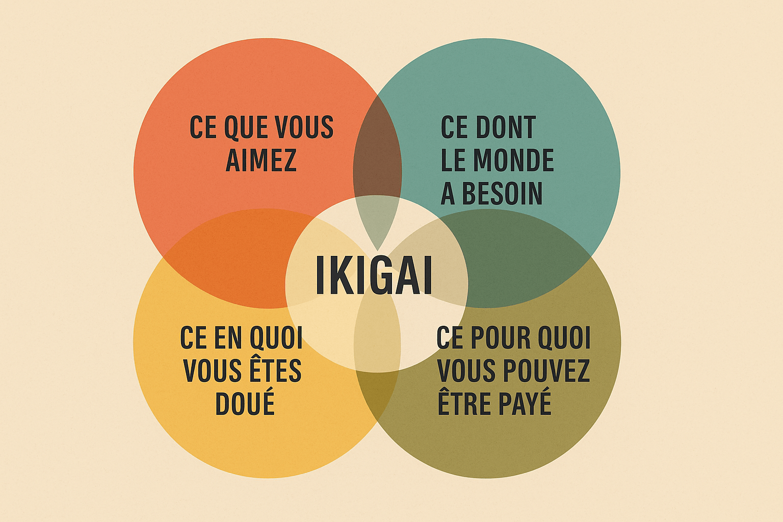 Ikigai et sens de vie : Illustration du concept Ikigai montrant l’alignement entre passion, mission, profession et vocation pour retrouver le sens de vie.
