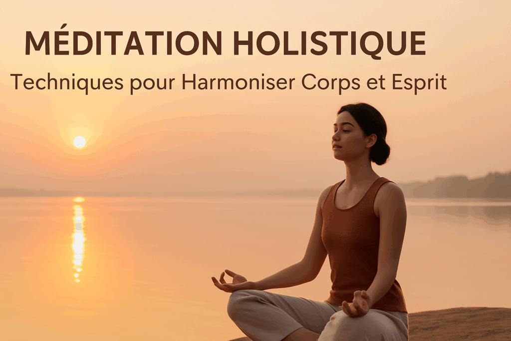 Femme assise en méditation holistique, pratiquant la pleine conscience au bord de l’eau au lever du soleil