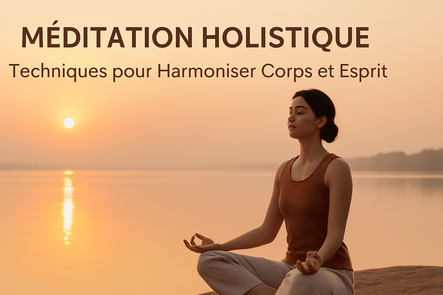 Femme assise en méditation holistique, pratiquant la pleine conscience au bord de l’eau au lever du soleil