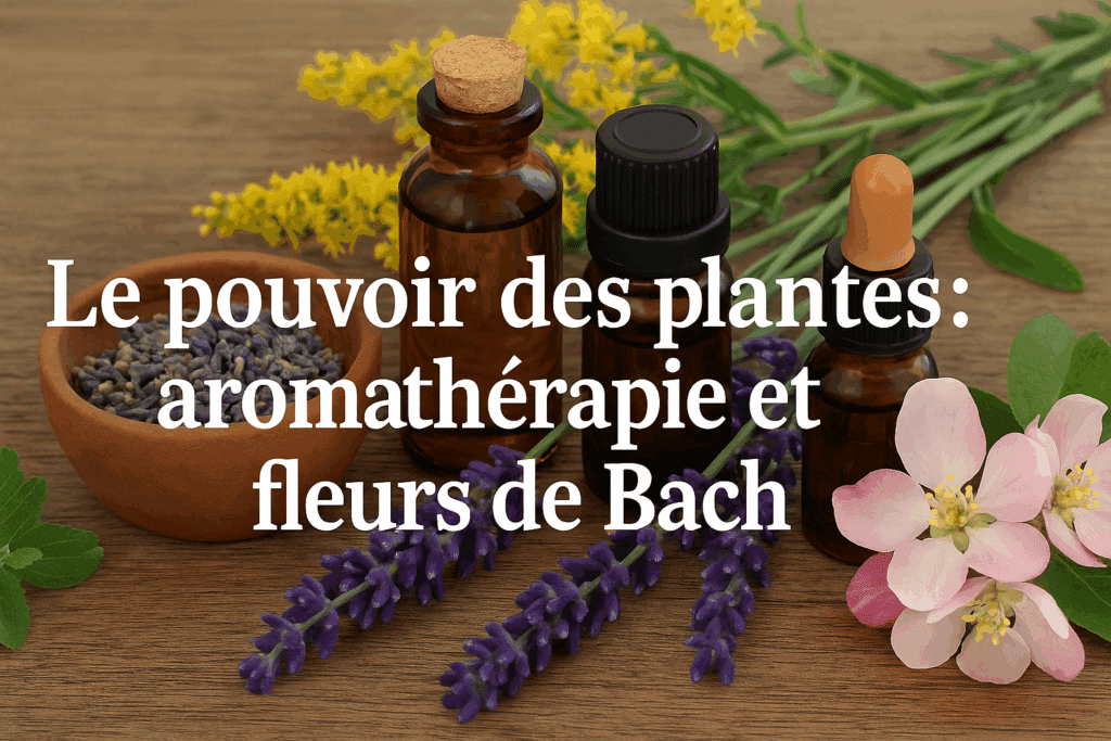 Pouvoir des plantes : Flacons d’aromathérapie, lavande séchée et fleurs de Bach sur une table naturelle