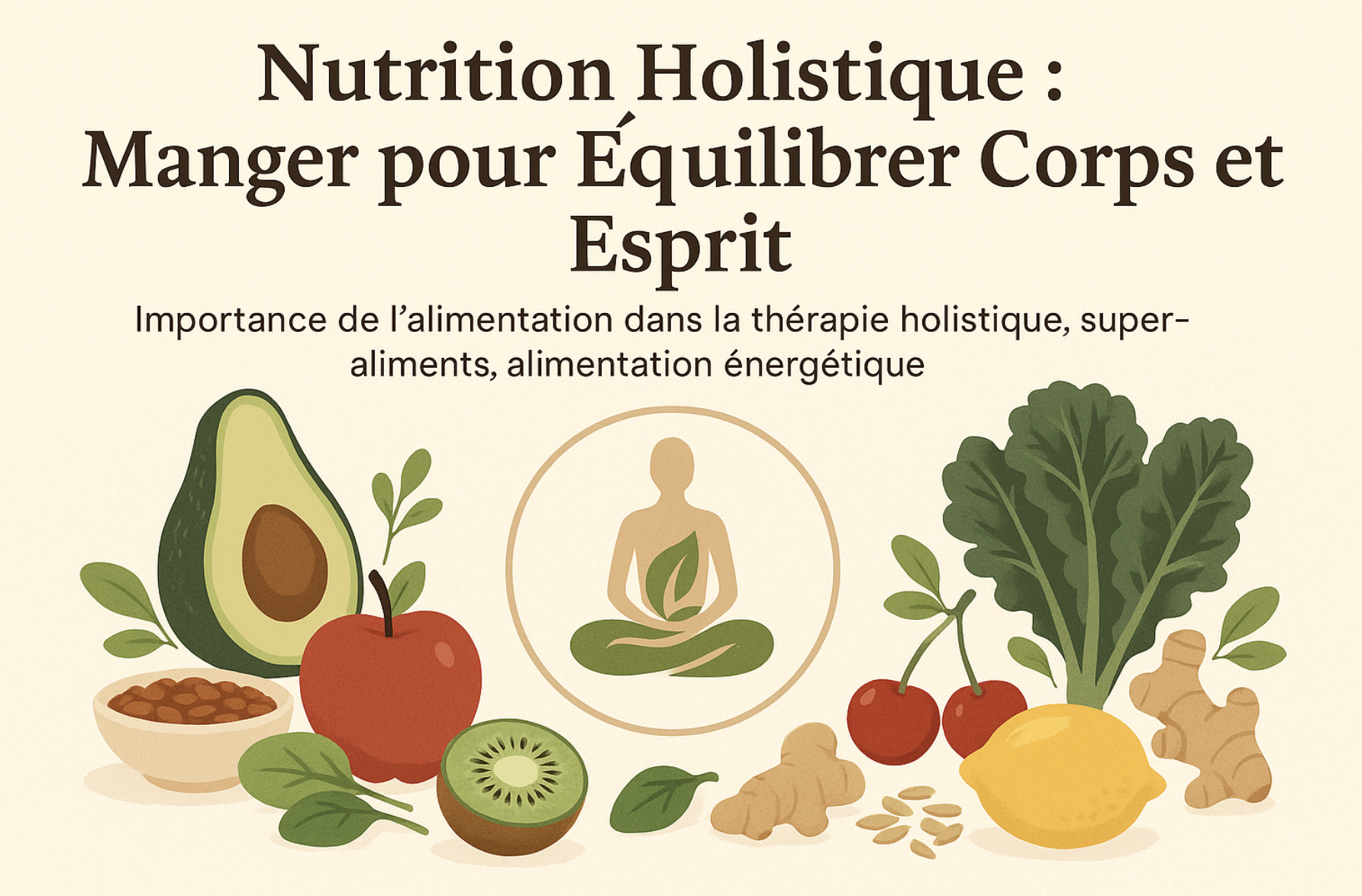 Illustration de la nutrition holistique avec des super-aliments comme l'avocat, le kiwi, le gingembre, accompagnés d'une silhouette méditative symbolisant l'équilibre corps-esprit